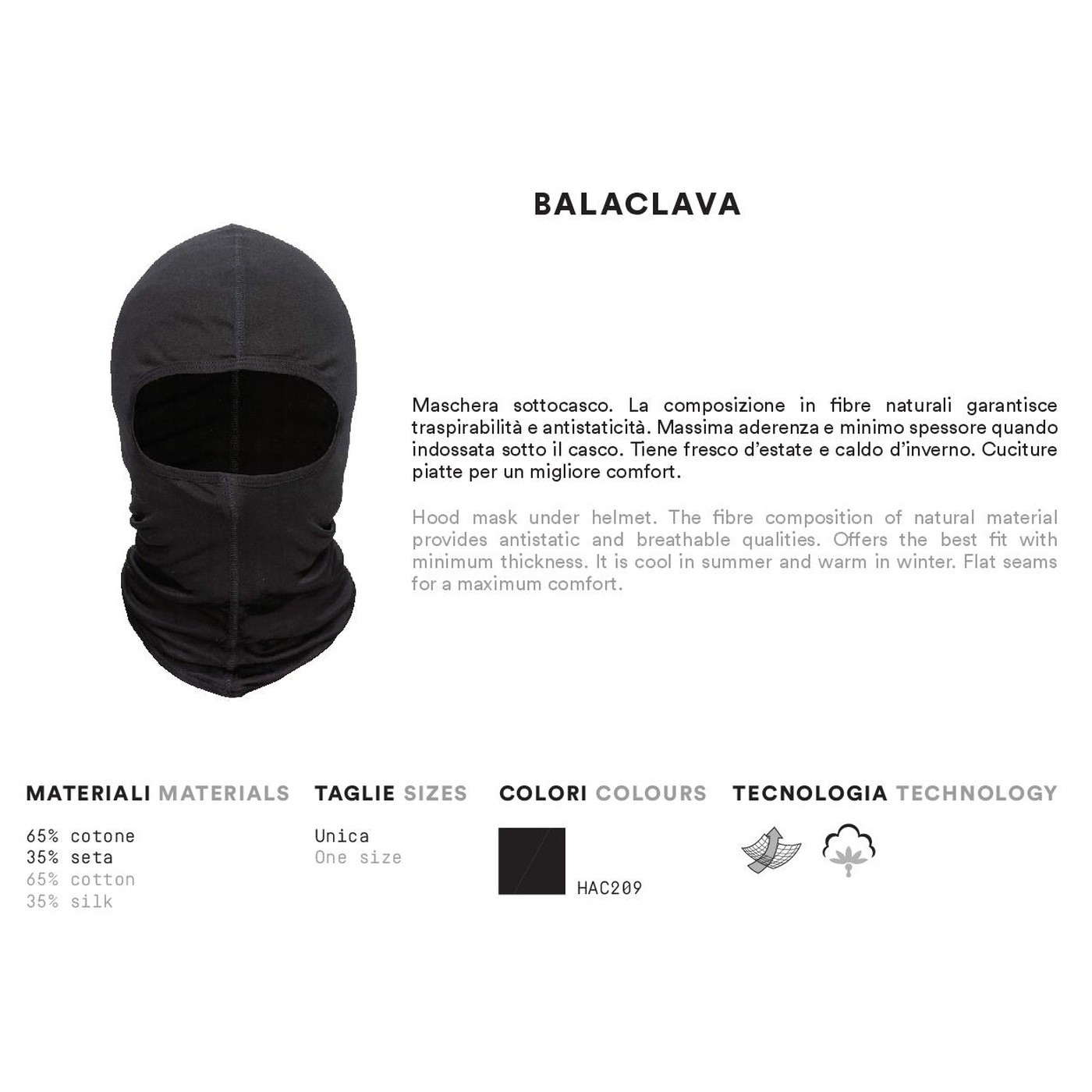 HEVIK HAC209 BALACLAVA MASCHERA SOTTO CASCO MOTO SCOOTER COTONE SETA COMFORT foto 2