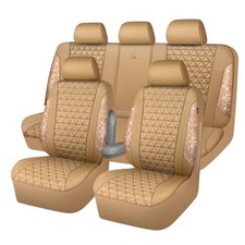 Full Set of Beige Rhinestone Car Seat Covers - Bling Diamond Beige Leather