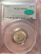 1866 Three Cent Nickel PCGS MS64 CAC Beautiful/w CAC Approval!!!