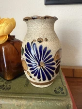 Vintage Tonala Mexican Pottery 5” Vase Floral Natural Blue Green Signed EM Mex