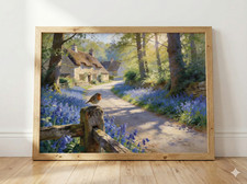 Cotswolds Spring Robin Wall Art Bluebell Cottage Landscape Print A3 A4 A5