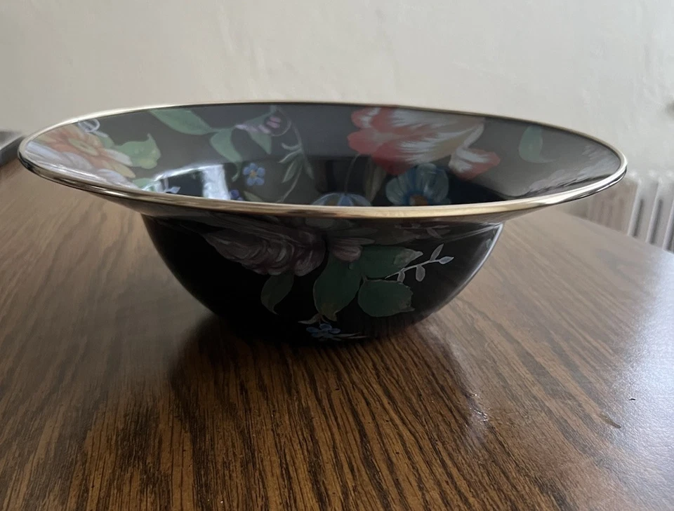 MacKenzie Childs Flower Market Floral Esmalte Negro Cuenco para Servir Borde Dorado Foto 3 de 4