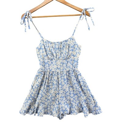 Lily Rose Ruffled Flounce Romper Girls Blue White Floral Smocked Pockets Size XS