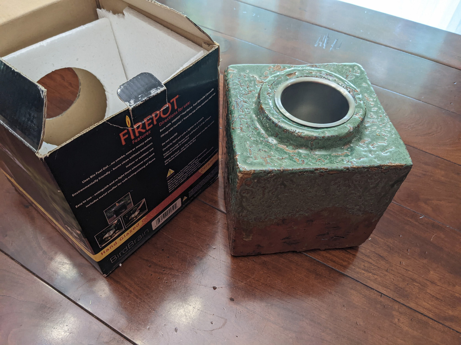 BirdBrain Hand Glazed Ceramic Fire Pot. Table Top Flamepot with 6 solid gel burn