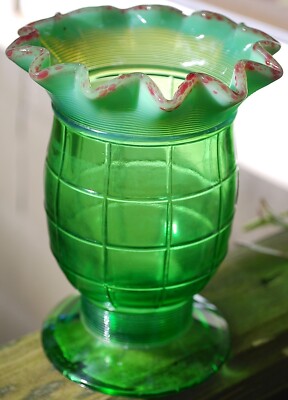 RARE Antique GREEN GLASS CELERY VASE Jefferson Northwood c1902 CRANBERRY FRIT 6''