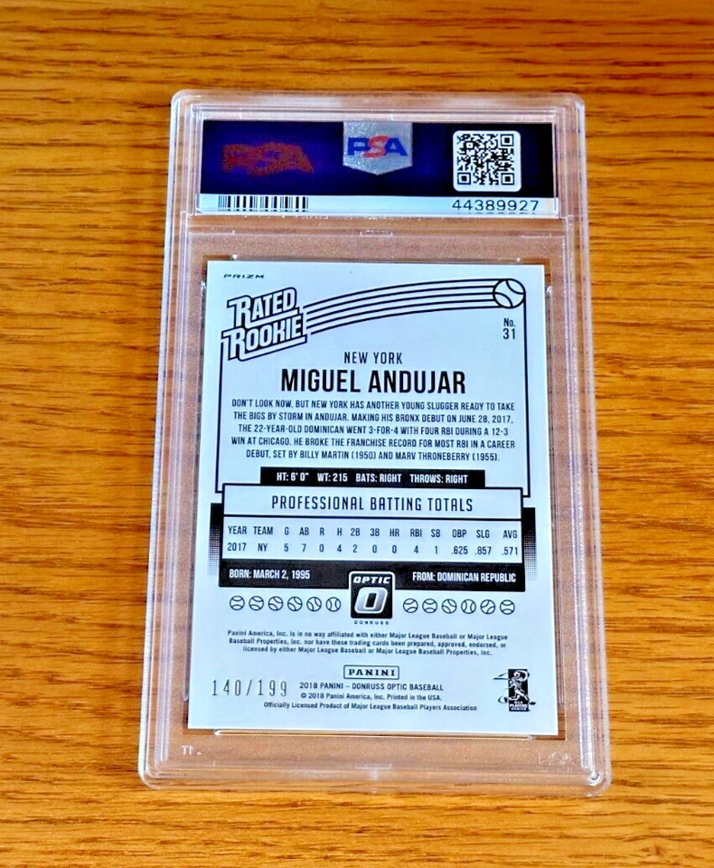 MIGUEL ANDUJAR 2018 Donruss Optic #31 PSA 10 Rated Rookie RC Orange Prizm /199 - Image 2 of 2