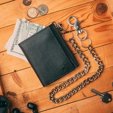 RFID Safe Genuine Leather Wallet Trifold Chain Wallet for Men Biker Snaps Purse