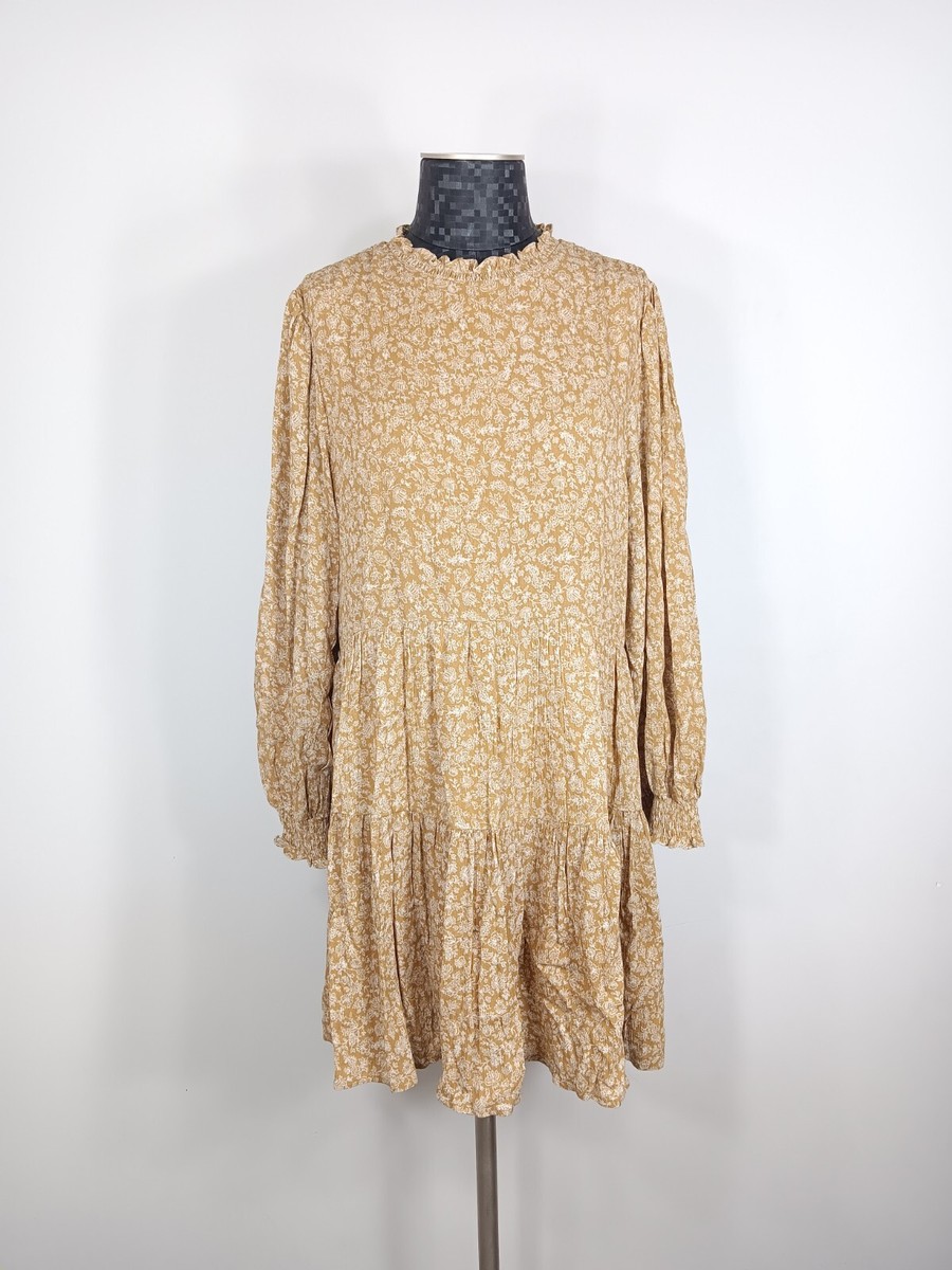 Neuflora Yellow Floral Print Woven Ruffle Neck Long Sleeve Dress Size Medium