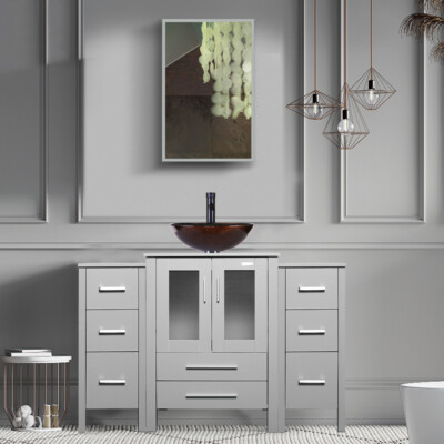 48'' Bathroom Vanity Set Glass Vessel Sink Faucet Cabinet Combo Gray No Mirror