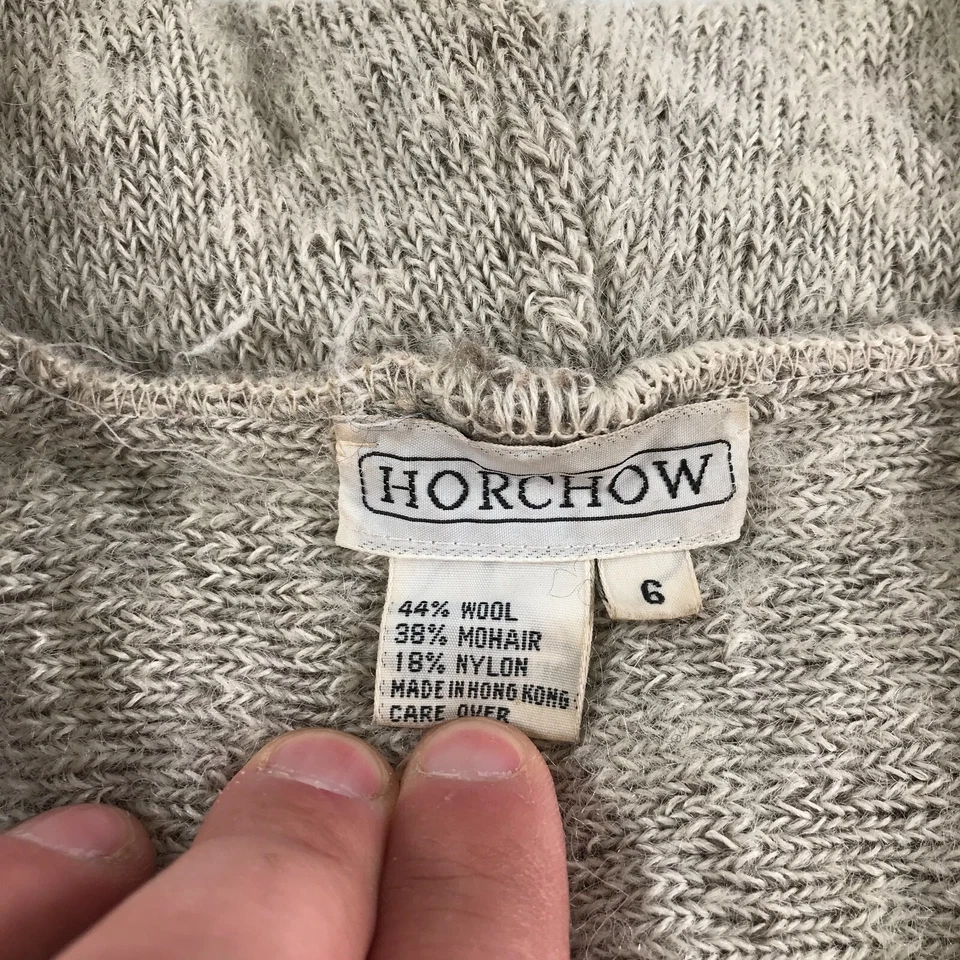 Cárdigan Suéter Vintage Horchow Para Mujer 6 Marrón Gris Chevron Mohair Lana Cuello Foto 3 de 4