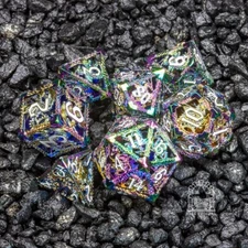 Sage's Dragonstones - Rainbow Noble Dragon Hollow Metal Polyhedral Dice Set