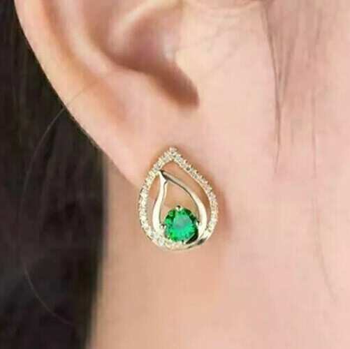 Simulated Emerald Beauty Stud Earrings 1 Ct Round Cut 14K Yellow Gold Plated