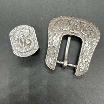 1993 Vintage Silver Western Stamped Belt Buckle 2pc Set Nice! PAWN