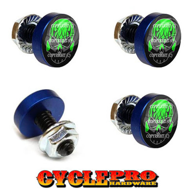 4 Vivid Blue Billet License Plate Frame Tag Bolts -  GREEN FLAME SKULL - 200