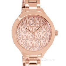 Michael Kors Slim Runway Womens Watch Pave Crystals MK Logo Dial Rose Gold Band