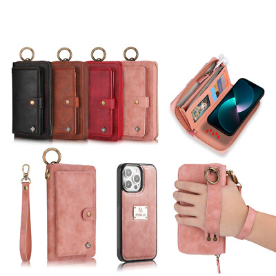 Fr iPhone 17 Pro/15/14/13/12/11 Purse Leather Zipper Detachable Flip Wallet Case