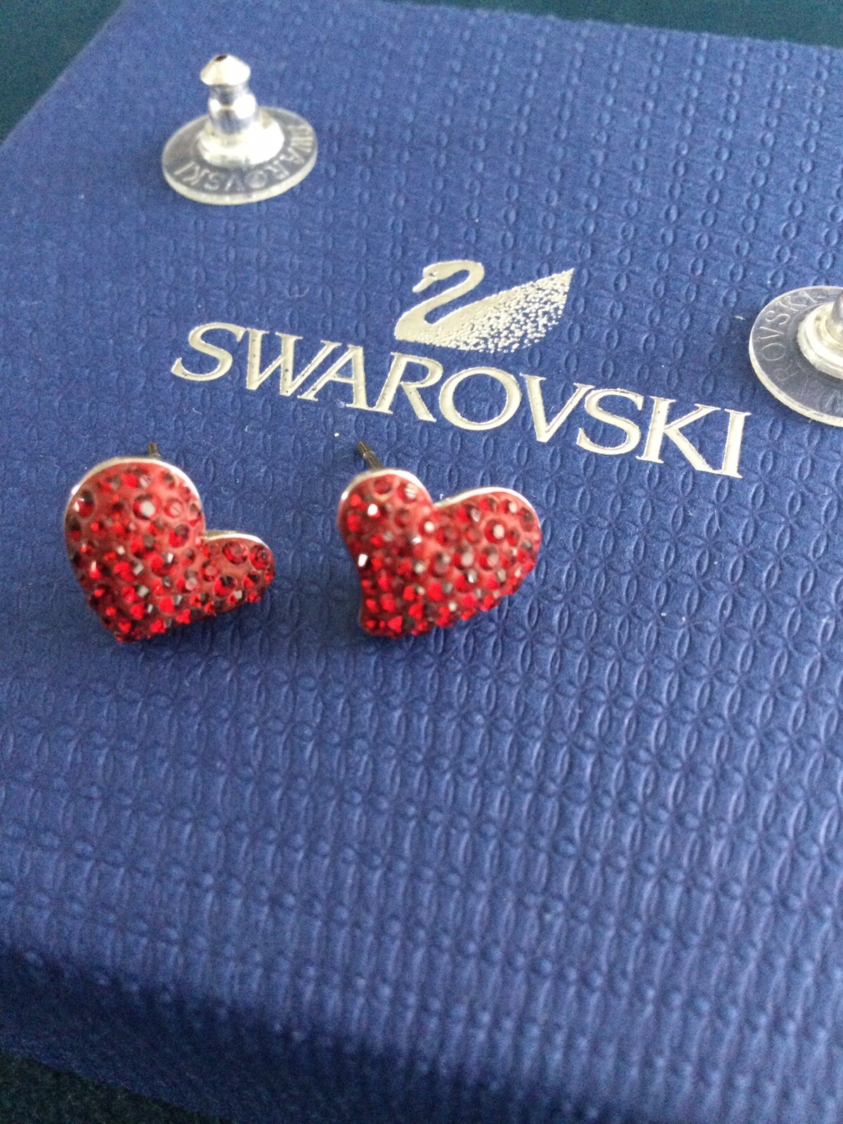 Genuine Signed Swarovski Siam Red Heart EROS Stud Earrings, Boxed with Tag