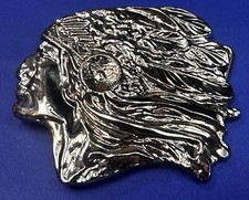 Native American Indian Chief In Headdress Feather Silver Tone Cutout Belt Buckle