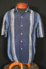 RARE CLASSIC VINTAGE 1950'S BLUE RAYON PRINT SHIRT SIZE MEDIUM