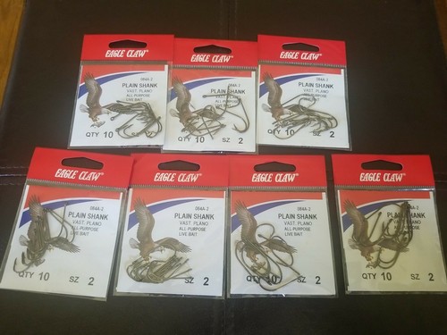 EAGLE CLAW Plain Shank 084A-2 All Purpose Live Bait Fish Hooks SZ 2, Lot of 7