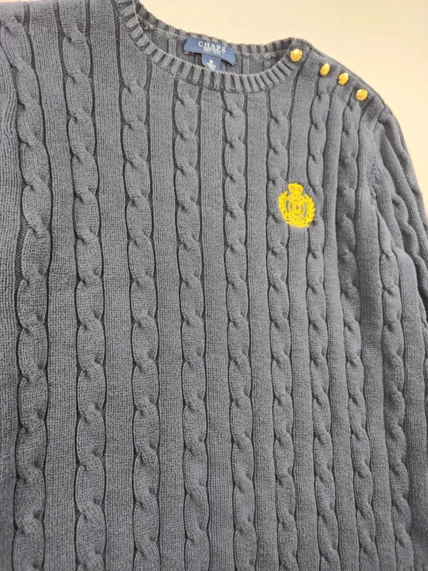 Chaps Cable Knit Jumper Gold Buttons Preppy Cotton Navy M 292 image 5