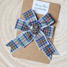 Scottish Dress Stewart Tartan Brooch Rosette | White Plaid Heart Pin | BNWT