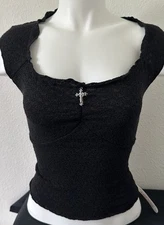 Romwe Women’s Black 1XL Embroided Cross Open Back Top Shirt Blouse