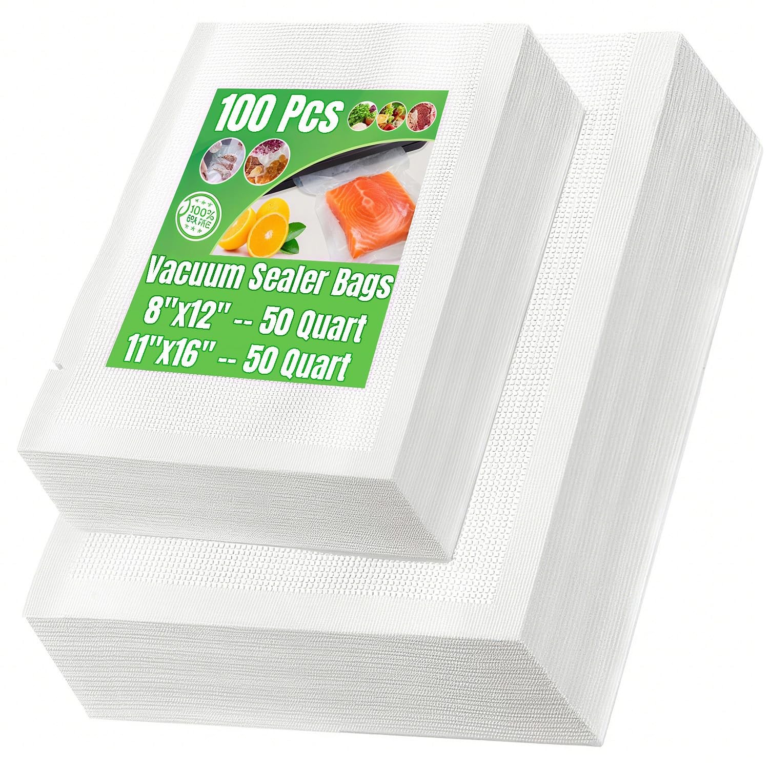 100-Pack 8x12 Inch Vacuum Sealer Bags for Food Saver 50 Quart Freezer Storage 50 Gallon Heavy Duty