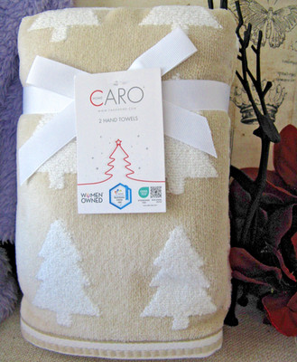 New CARO Beige & White Christmas Tree Cotton Bath Hand Towels Set of 2
