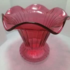 Fenton cranberry ruffled vase, cursive letter "F" logo on bottom, made in 1990's