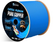 Cat6A Plenum 1000ft Cable, Pure Copper CMP Rated, 23AWG UTP, 750MHz PoE ,10Gbps