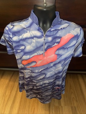 JAMIE SADOCK TOP Size Small 1/4 Zip Short Sleeve Blue Geometric Wave