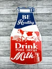 VINTAGE 11x6" BE Healthy Drink PURE FRESH MILK GASOLINE OIL PUMP PORCELAIN SIGN