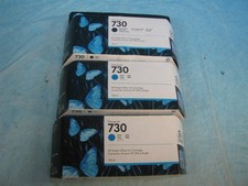 BUNDLE OF 3 HP 730 INK CARTRIDGES - 2x CYAN, 1x BLACK - NEW - EXPIRED
