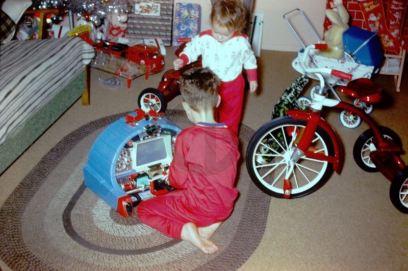 Boy w/Deluxe Reading Jimmy Jet Fighter Pilot Flight Simulator: 1960's 35mm Slide