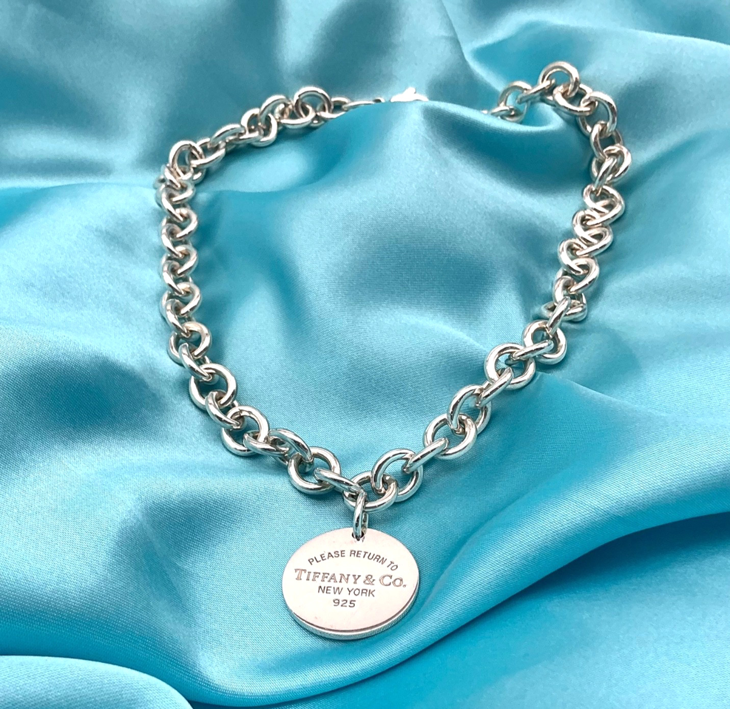 Tiffany & Co Sterling Silver 70g Rolo Chain • Return To Tiffany Pendant • 40.5cm