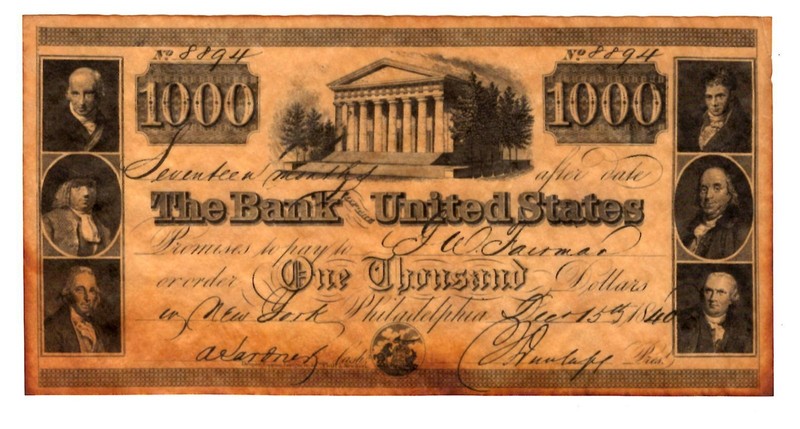 Bank of the United States $1000 1840 Note #8894 Philadelphia Reproduction.