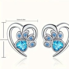   Teal Crystal Paw Print Heart Stud Earrings ...