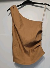 ZARA CARAMEL BEIGE SLEEVELESS ONE SHOULDER RUCHED SIDE BLOUSE TOP EUR S UK 8