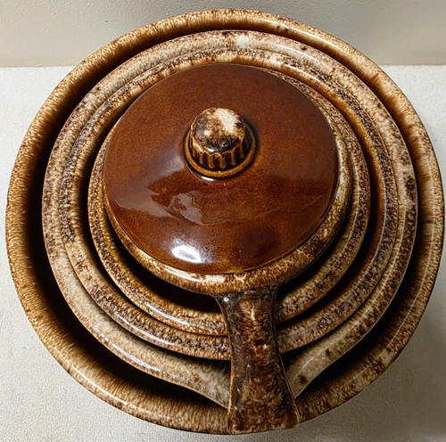 Vintage Hull Oven Proof USA Pottery Brown Drip Glaze 5 Nesting Bowls Set Used