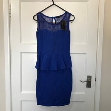 BNWT New Look Dress Womens Size 8 Blue Peplum Sleeveless Lace Detail