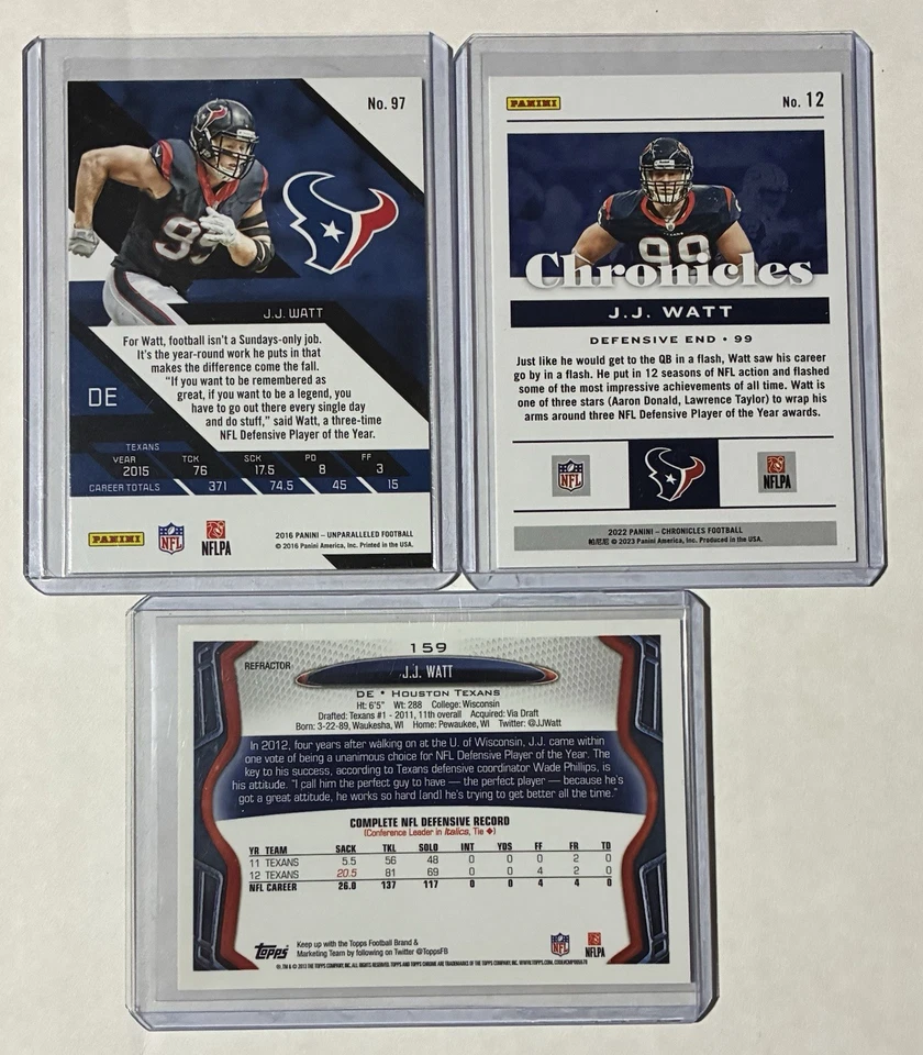 Lote de 3 tarjetas de fútbol americano JJ Watt/99 Topps numerados cromados Houston Texans HOF naranja  Foto 2 de 2