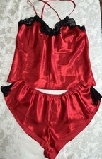 Vtg FREDERICK'S OF HOLLYWOOD Liquid Satin  Lace 2X Red Camisole  Short Set Y2K