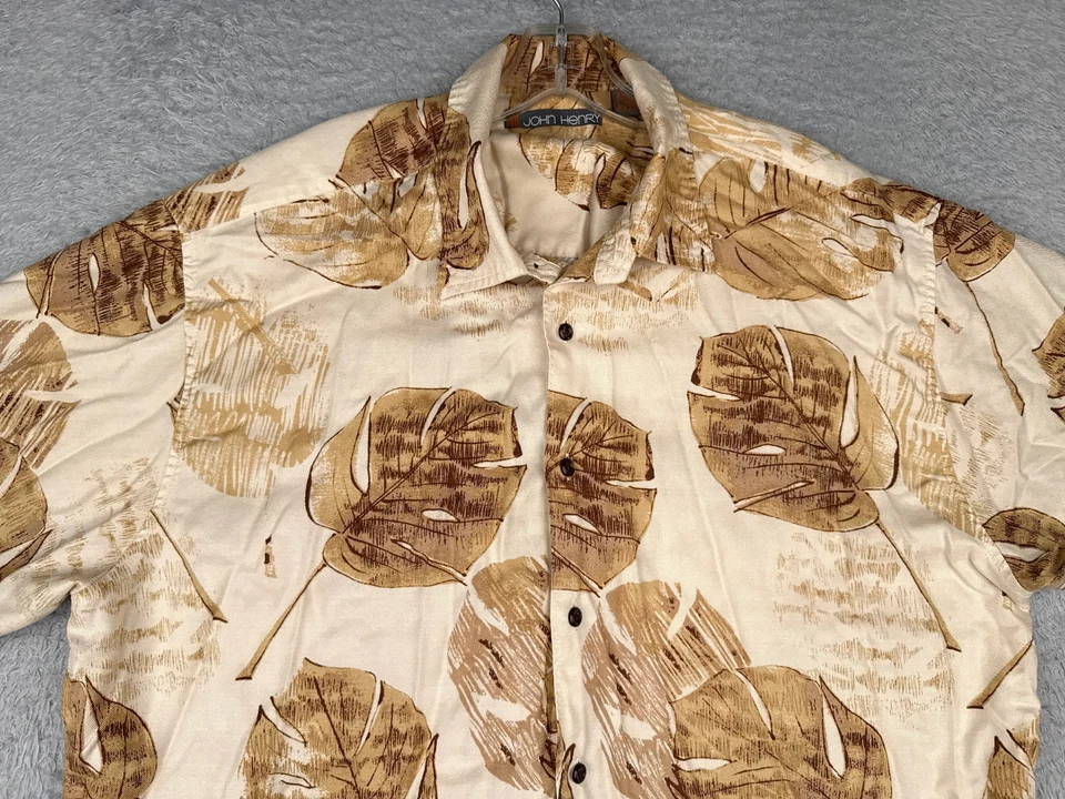 John Henry Shirt Men 2XL XXL Beige Floral Hawaiian 100% Rayon Short Sleeve - Image 4 of 4