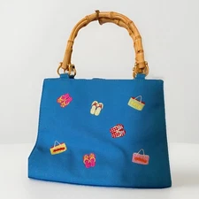 Tianni Purse Canvas Embroidered Turkoise Bamboo Double Handles