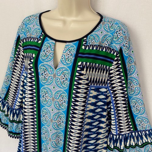 Chicos Shift Dress Size 3 Blue Bell Sleeve Slinky Travel Knit Ikat Paisley XL 1X - Picture 2 of 11