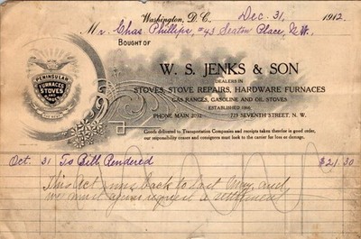 1912 W S Jenks & Son Stove Furnace Hardware Commercial Invoice Washington DC