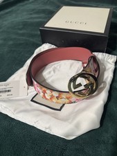 Gucci cintura donna larga floreale rosa multicolore fibbia a scossa logo taglia 75/29,5