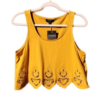 Topshop Mustard Cutout Geometric Stitched Designs Croptop Size 8 NWT 