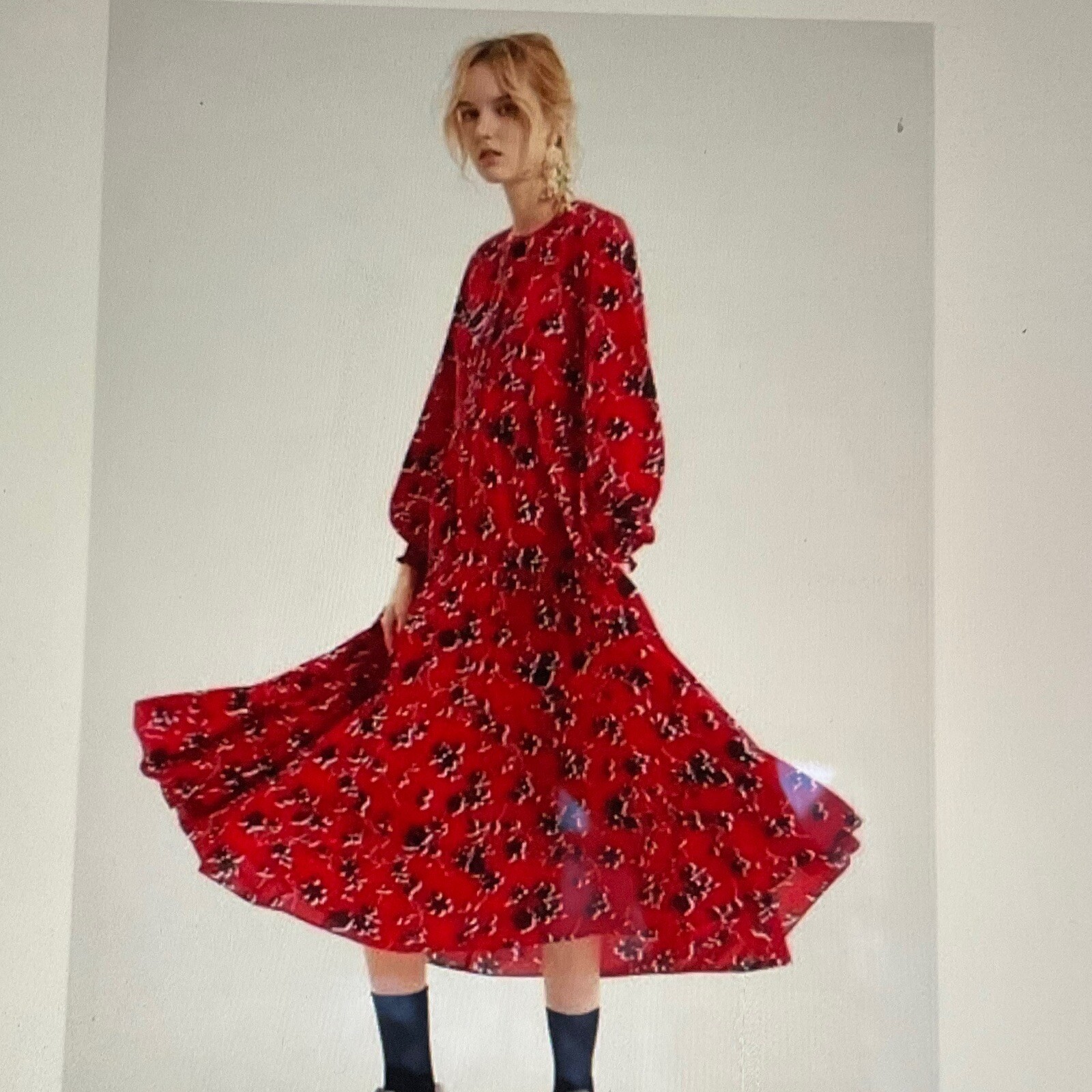 Zara Floral Print Maxi Dress Women's Size S Tiered Skirt Red/Black | eBay